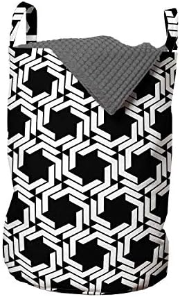 שק כביסה שחור ולבן אמבסון, צורות גיאומטריות משושה מתפתלות אלכסוניות פשטניות עכשוויות, סל סל עם ידיות
