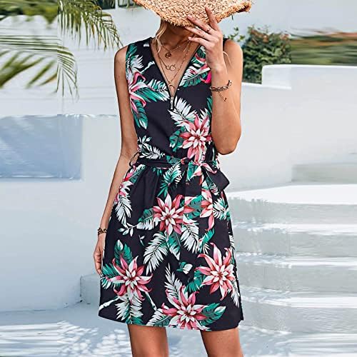 לנשים קיץ נ 'שמלת צוואר הדפס פרחוני רוכסן ללא שרוולים מיני השמש שמלות חוף מזדמן עם חגורה