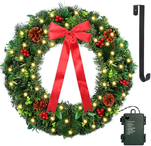 זר חג המולד 24 עם אורות מיתר LED - זר דלת מראש חג המולד - כולל קולב זר, פירות יער אדומים, אורות מיתר המופעלים