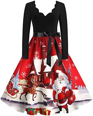 חג המולד תלבושות עבור נשים ארוך שרוול עם צווארון נדנדה לנשף שמלת ערב סנטה הדפסת קשת אודרי רטרו קוקטייל שמלה