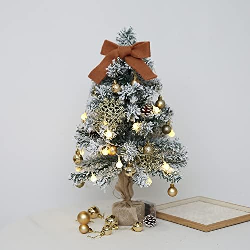 עץ חג המולד קטן עץ מלאכותי 22 פנימה עם אורות, נוהר שלג, כדור חג המולד, חרוט אורן, סרטי חג המולד, חליפת