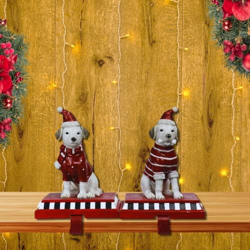 שעה נוחה 9 פלירסין כלבים לבושים עם כובעים, צעיף וקולב גרב עצם לקישוט חג המולד, סט של 2, אדום, קישוט לחופשה בחורף