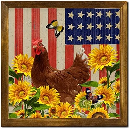 חוות תרנגול חמניות פרח ממוסגר עץ סימנים אמריקאי דגל פרפר דלת סימן קלאסי חיות משק תליית קיר סימנים דקורטיבי לבית