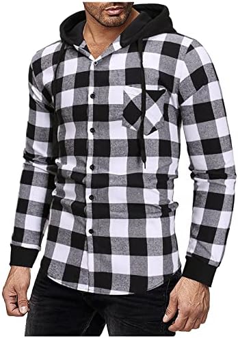 XZHDD משובץ חולצות ברדס לגברים, כפתור מסודר קפוצ'ונים שרוול ארוך שרוול רזה מתאים לחולצת אופנה ספורטיבית