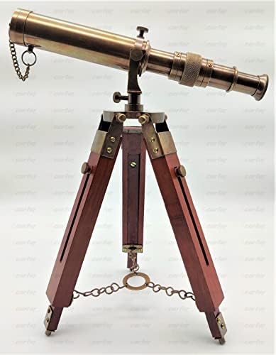עבודות יד של Carfar 12 טלסקופ פליז עם עמדת חצובה מעץ מתכווננת עתיקה גימור עתיק בעבודת יד וינטג 'ימי עיצוב