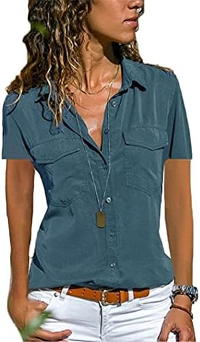 Andongnywell נשים שרוול קצר חולצה מזדמנת V צוואר V צוואר שרוול כפתור כלפי מטה חולצות חולצות למעלה עם כיס