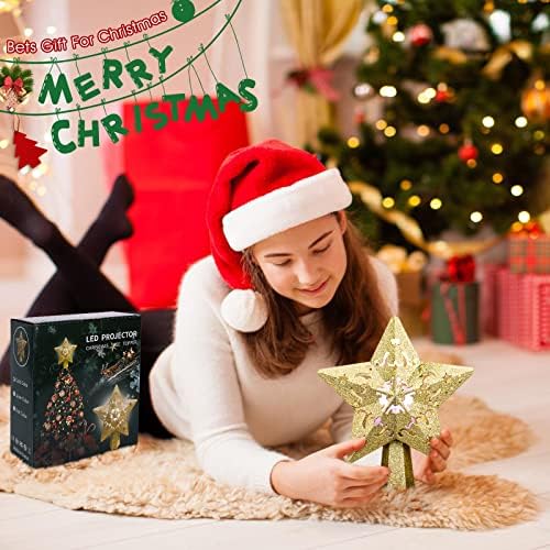 עץ חג המולד טופר מקרן אור עם צבעים מקרני פתית שלג, כוכב הזהב של Matekxy עץ חג המולד דקורטיבי סיבוב 3D