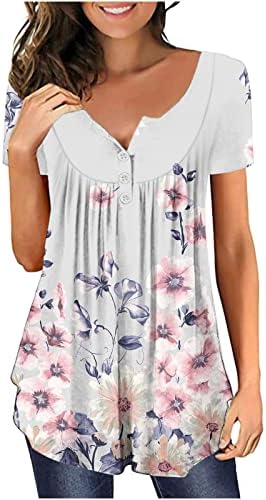 חולצות לנשים מודפסות בקיץ מסתור בטן טוניקה כפתור צוואר עגול קפלים חולצת טש חולצת שרוול קצר