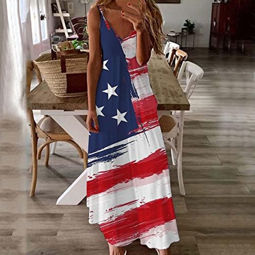 4 ביולי שמלות להחליק לנשים דגל יום עצמאות יום מזדמן רופף v צוואר ללא שרוולים מקסי ללא שרוולים שמלת כוכבים ארוכים