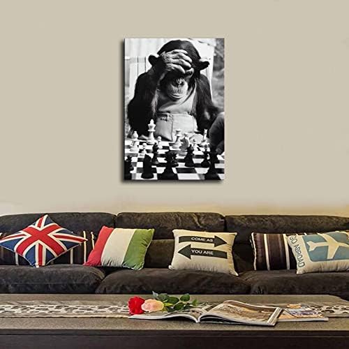 קוף מנגן שחמט, תמונות פוסטר שחור לבן מתנות כרזות לעיצוב הבית לגברים נשים