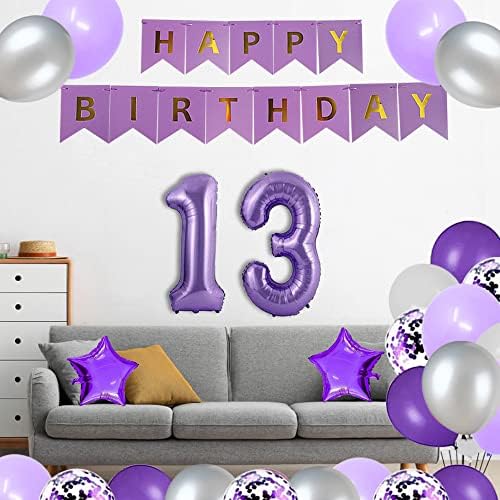 יוג'יאונלי 13 קישוטי מסיבת יום הולדת 13 סגול יום הולדת שמח באנר נייר סגול 40 אינץ 'מספר 13 יום הולדת שמח