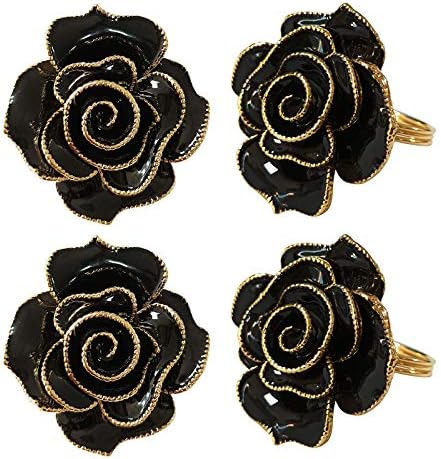 טבעות מפיות שחורות של Kalopro סט של 4, אבזמי טבעות מפיות ורד פרחים, מחזיקי מפיות בלום שנקבעו לחתונה