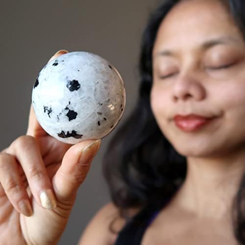 גבישי סאטן ירח אבן טורמלין כדור ירח מלא קשת שחור לבן בדולח 2.25-2.5 אינץ '