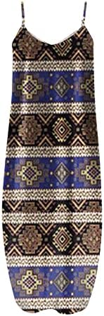 שמלות מקסי של קיץ לנשים מערבית שמלה אצטקית אצטקית גיאומטרית שמלה ללא שרוולים V צוואר טרנדי שמלה ארוכה מזדמנת