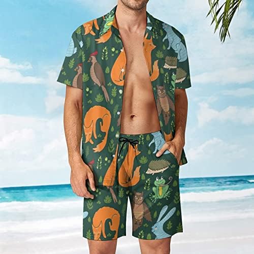 חיות יער חמודות חמוד תלבושות חוף של 2 חלקים כפתור הוואי למטה חולצה עם שרוול קצר וחליפות מכנסיים קצרים
