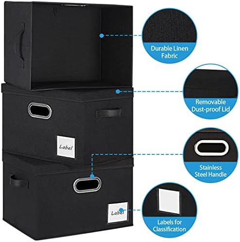 LHZK פחי אחסון גדולים עם מכסים 6 חבילה, קופסאות אחסון בד פשתן עם מכסים, סלי אחסון מתקפלים עם 3 ידיות וחלון