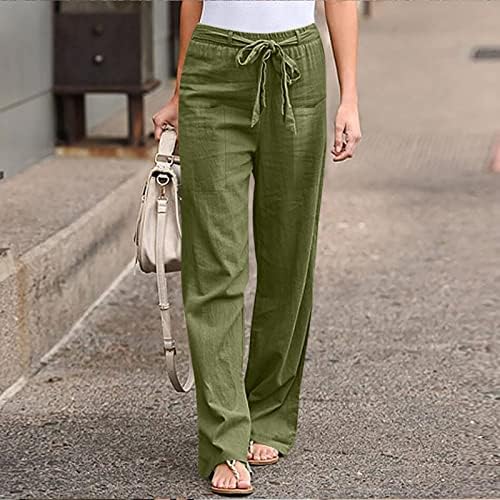 מכנסי פשתן ישר של נשים קיץ מכנסיים ישר מוצק מכנסי טרנינג רגל רחבה