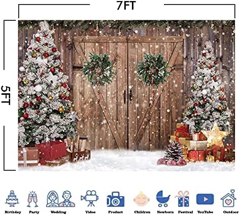 פלורט 7 * 5 רגל פוליאסטר בד חורף חג המולד כפרי אסם עץ דלת צילום רקע חג המולד עץ שלג מתנות תפאורה