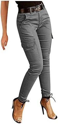 מכנסי יוגה נשים מכנסי מטען מוצקים מזדמנים חגורה כיס רוכסן מזדמן ללא עיצוב צבע חותלות כושר טייץ 'ספורט