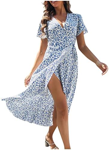נשים של קיץ שמלות 2023 סגנון מודפס עם צווארון פרע התלקחות שרוולים רצועות סדק שמלה מזדמן שמלות