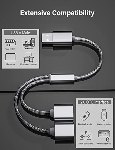 מפצל USB, HIIRII יציאת USB כפולה 1 זכר עד 2 נשי USB Y כבל USB מפצל למחשב נייד/PC/CAR/TV, מתאם כבלים מפצל