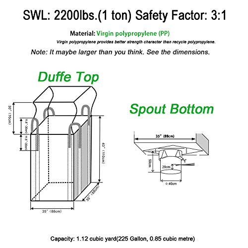 Jumbulk Duffle Toper Spout Butd Butd Bulk תיק בתפזורת, 1 טון אחד, 35 L x 35 W x 43 H, 225 גלונים, 2200 £ SWL,