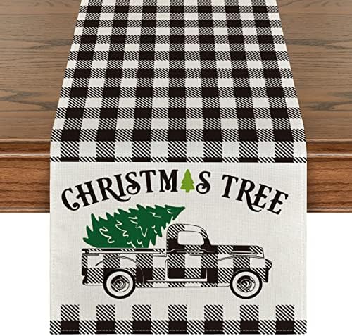 מצב ארטואיד ירוק ושחור באפלו משובץ משאית רץ לשולחן חג המולד, עונתי חורף חג המולד חג המולד קישוט