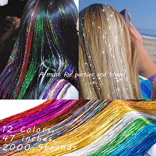 47 אינץ 12 צבעים שיער טינסל עם כלי נוצץ לסנוור גליטר מבריק שיער הרחבות שיער משי טינסל 67 אינץ,12 צבע,
