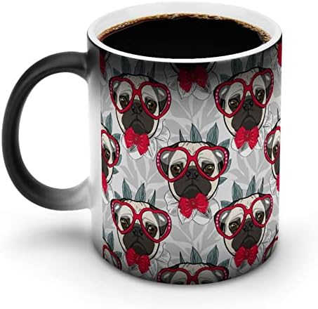 מצחיק פאג עם אדום קשת ומשקפיים קרמיקה קפה ספל חום רגיש שינוי צבע כוס עם ידית