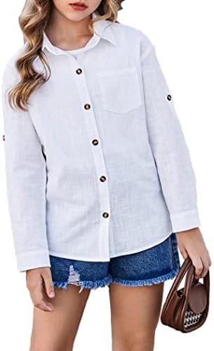 זבובים משובץ חולצה עבור בנות בני כותנה כפתור למטה חולצה ארוך שרוול צווארון פשתן חולצות עם כיס 5-13