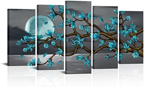 חזותי אמנות תפאורה גדול נוף תמונה טורקיז כחול מלא ירח פרחים שחור ולבן ים ציור הדפסי בד קיר אמנות