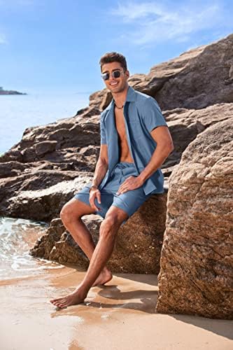 קואופנדי פשתן קובעים 2 חלקים תלבושות קיץ כפתור שרוול קצר חולצה ומכנסיים קצרים הגדר תלבושות חופשה בחוף