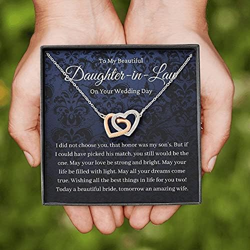 תכשיטי כרטיסי הודעה, שרשרת בעבודת יד- מתנה בהתאמה אישית לבבות משתלבים, מתנה של בתו ביום חתונה, בת