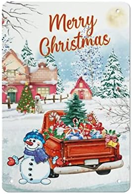 איש שלג של חג שמח משאית אדומה שלטי פח חורפי חורף חג שלג אלומיניום מתכת שלט שנה טובה שלט אמנות קיר לבית קפה