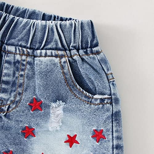 פעוטות בנות עצמאות ללא שרוולים יום 4 של יולי הדפסים מפוספסים כוכבים אפוד צמרת ג'ינס מכנסיים תלבושות