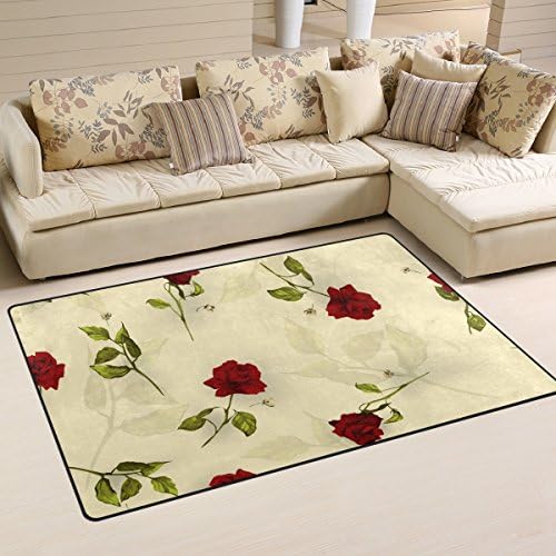שטיח אזור ווליי, דפוס פרחוני וינטג 'ורדים אדומים שטיח רצפה לא שפשפת החלקה למגורים במעונות חדר
