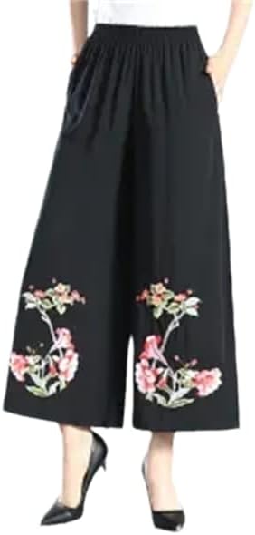 מכנסיים ארוכים רקומים אביב אביב קיץ כותנה פשתן פשתן עממי-גילאים בגיל העמידה נשים זקנות רחבות רגל