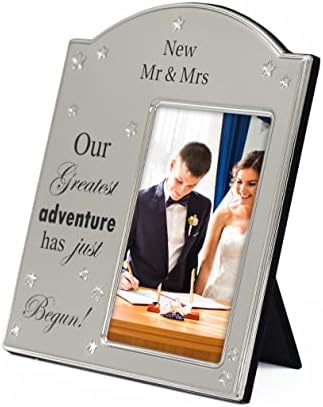 רגעי מימוזה מסגרת צילום לחתונה של מתכת כסף, 4x6 מר וגברת מסגרת תמונה לזוגות, תצוגה על שולחן השולחן