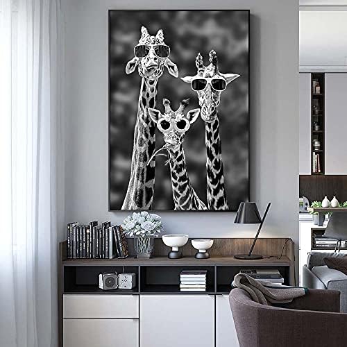 שחור ולבן ג ' ירפה משפחה עם משקפיים בד קיר אמנות ציור על קיר תפאורה פוסטר והדפסים מצחיק בעלי החיים תמונה מתקדם