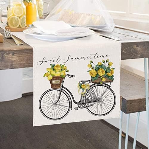 אופניים לימון שולחן רץ, צהוב אביב קיץ 72 אינץ פרח פשתן בית מטבח אוכל שולחן קישוט עבור מקורה חיצוני