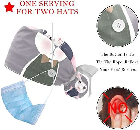 2 מחשב אחיות קרצוף כובעים נשים שיער ארוך, ארנב כובע עבודה מתכוונן עם כפתור ורצועת זיעה רב צבעונית
