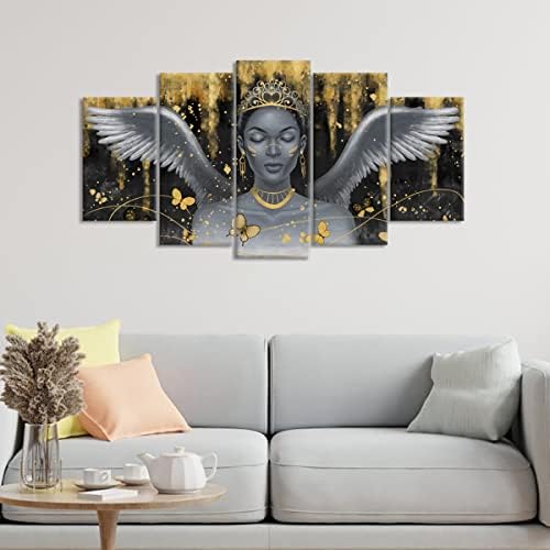 Ouelegent אישה אפריקאית קיר קיר קיר 5 יצירות מלכה שחורה נשים עם כתר אגף ציור ציור תמונה הדפסי שחור וזהב יצירות