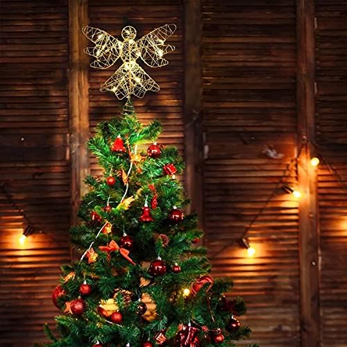 טופר עץ חג המולד של מלאך, טופר עץ חג המולד מואר עם 20 אורות נחושת מנעלים עם סוללה לבנה חמה, טופר עץ