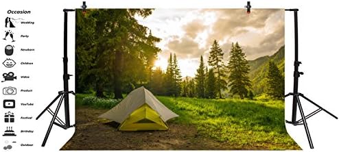 5 על 3 רגל אורן יער קמפינג רקע עבור פוטושוט זריחת חיצוני נסיעות הרים נוף כר דשא מחנה אוהלי רקע לצילום