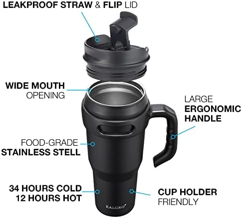 EALGRO 40 גרם כוס עם ידית, כוסות מבודדות גדולות עם קש ומכסה, כוס ספל קפה וואקום נירוסטה, נמר שחור