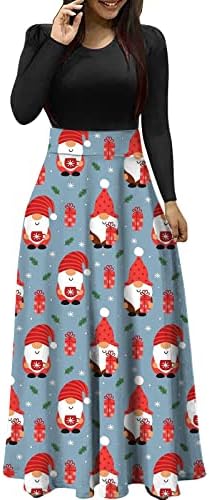 Tifzhadiao חג המולד נשים שמלה ארוכה מזדמנת, נשים חג המולד סנטה הדפס שמלות מקסי שמלות מותניים גבוהות שמלת