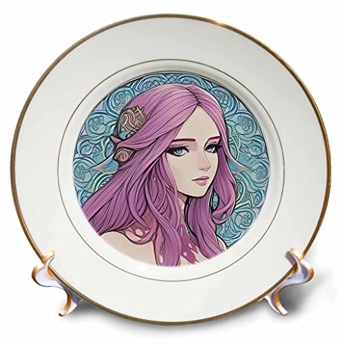 3drose Art Nouveau Woman. נסיכה מדהימה קסומה עם מתנת שיער סגולה - צלחות