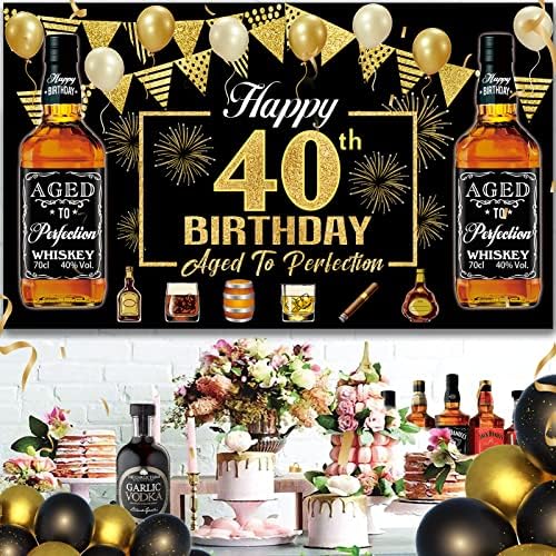 ויסקי מאושר של יום הולדת 40 קישוטי מסיבות באנר לגברים, זהב שחור מיושן לשלמות 40 ציוד למסיבות יום הולדת, ויסקי