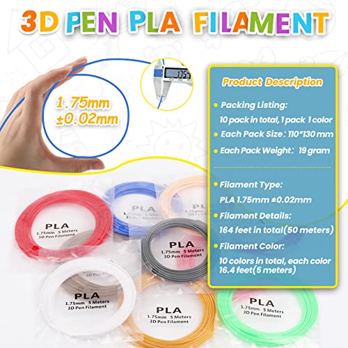 מילוי חוט עט 3D של Sunlu, 10 צבעי קשת בהירים, בסך הכל 164 רגל, כל צבע 16.4 רגל, נימה PLA 1.75