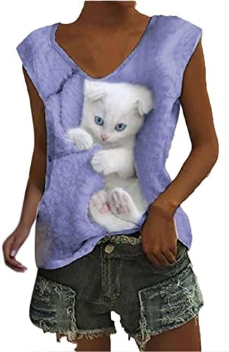 גופיות נשים בעלי החיים הדפסת חתול אפוד צווארון חולצה חולצה נשים ללא שרוולים חולצות לנשים